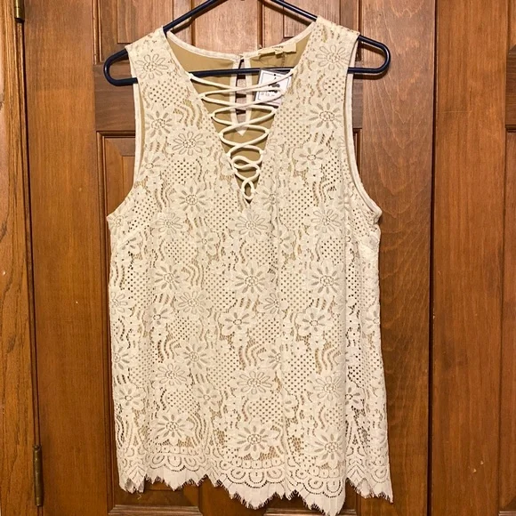 TWO gorgeous lace tanks with lattice v-neck- black and cream! - Picture 2 of 5
